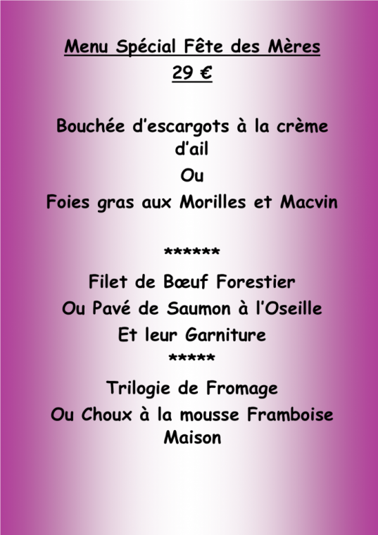 Menu spécial fête des Mères, Villers-le-Lac, Hôtel-Restaurant Les Cygnes