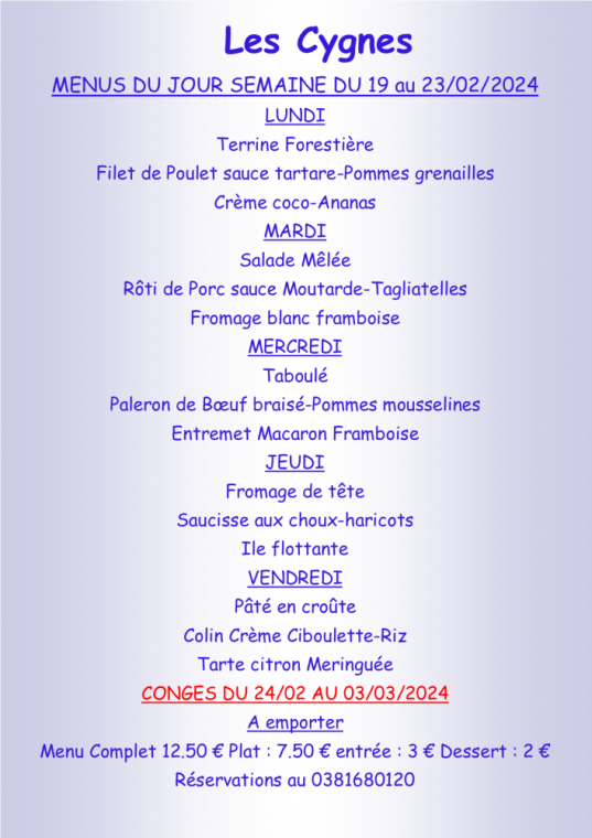 Menus à emporter Villers-le-Lac, Villers-le-Lac, Hôtel-Restaurant Les Cygnes