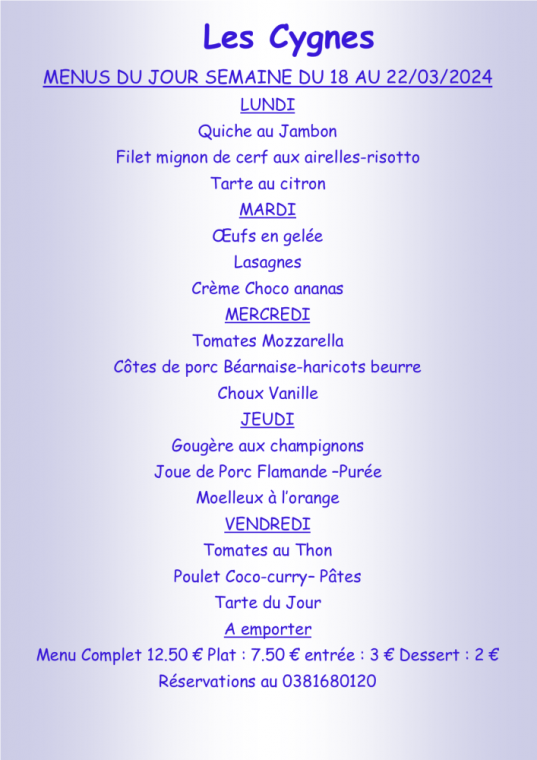 Menus à emporter Restaurant Villers-le-Lac, Villers-le-Lac, Hôtel-Restaurant Les Cygnes