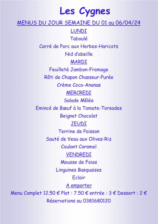 Menus à emporter Restaurant Villers-le-Lac, Villers-le-Lac, Hôtel-Restaurant Les Cygnes