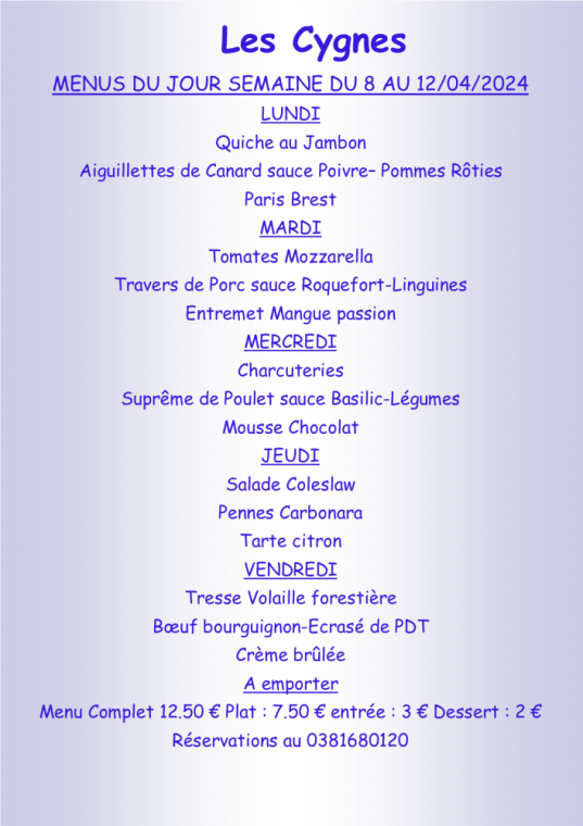 Menus à emporter Restaurant Villers-le-Lac, Villers-le-Lac, Hôtel-Restaurant Les Cygnes