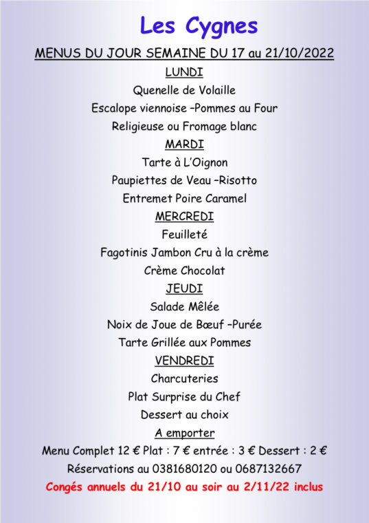 Menus à emporter Restaurant les Cygnes Villers-le-Lac, Villers-le-Lac, Hôtel-Restaurant Les Cygnes