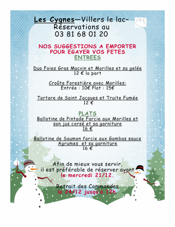 Menus de Noël à emporter à L'hôtel des Cygnes à Villers-le-Lac, Villers-le-Lac, Hôtel-Restaurant Les Cygnes