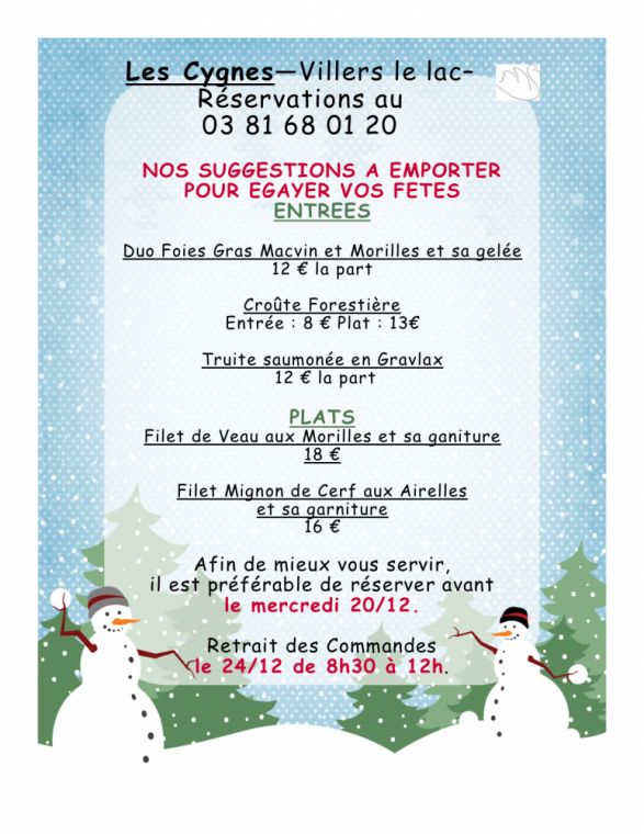 suggestions de Noël à emporter, Villers-le-Lac, Hôtel-Restaurant Les Cygnes